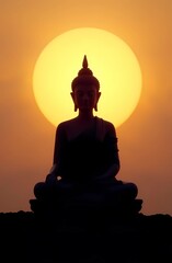 Postcard in honor of Malaysian Vesak Day. The silhouette of Buddha in a meditative pose, located in the center on a soft luminous background, symbolizes enlightenment.