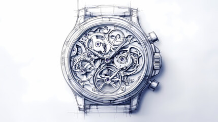 Intricate Watch Design: A detailed sketch of a luxury wristwatch, highlighting its complex inner mechanisms and elegant design.