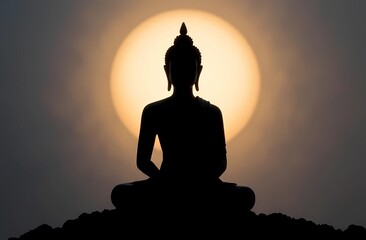 Postcard in honor of Malaysian Vesak Day. The silhouette of Buddha in a meditative pose, located in the center on a soft luminous background, symbolizes enlightenment.