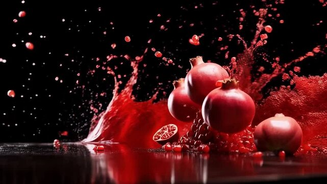 Granadas frescas cayendo en agua con salpicadura en fondo rojo