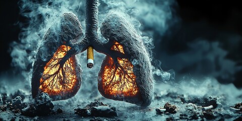 Burning lungs showing effects of smoking addiction and tobacco damage for world no tobacco day
