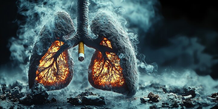 Burning lungs showing effects of smoking addiction and tobacco damage for world no tobacco day