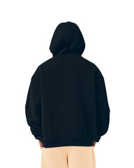 A mockup rear view of a person wearing a simple, black hooded sweatshirt.