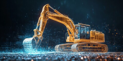 Illuminated wireframe excavator stands out against a digital background