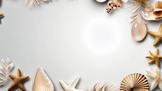 Golden seashells, starfishes, and dry leaves rotating on white background create a beautiful, elegant frame