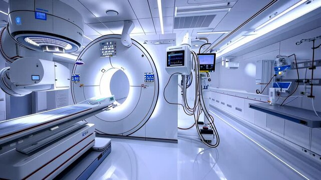 Modern medical technology: advanced radiotherapy equipment in a pristine, high-tech treatment room.