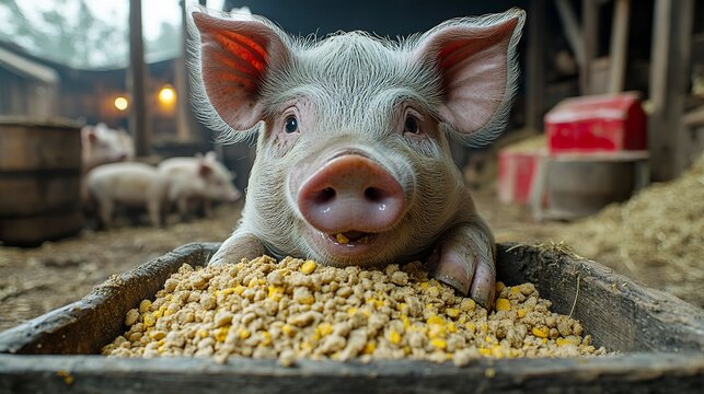 A pig hungrily eats scraps from a trough, close-up of its snout and the textured feed, set in a barn environment showcasing agricultural realism.  