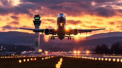 Airplane taking off at sunset over airport runway with control tower