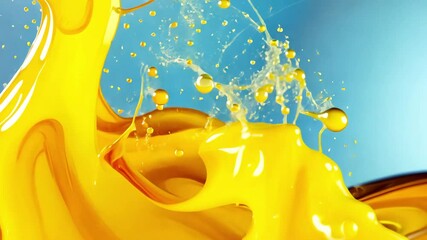 Golden liquid splashing, creating droplets and air bubbles against a light blue background