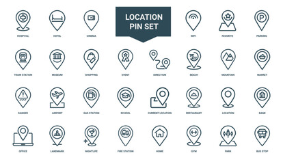 set location pin icons destinations services, mountain danger airport market
