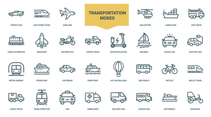 collection transportation modes icons vehicles methods modern transport, subway car police electric metro sailboat