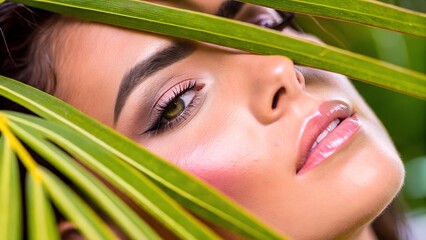 Naklejka premium Tropical Beauty Close-Up of a Model with Flawless Makeup Partially Covered by a Vibrant Red Leaf