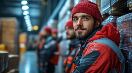 A group of workers is engaged in inventory management in a warehouse. They are focused on organizing and overseeing stock while ensuring efficient logistics operations.