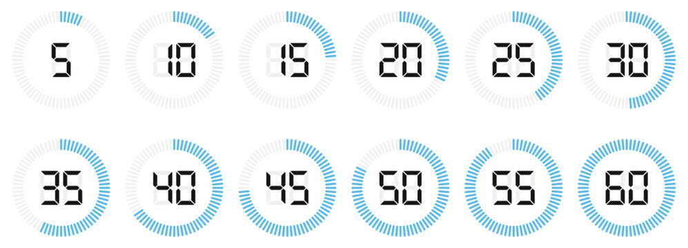Timer and stopwatch icon set with digital numbers
