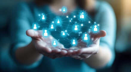 A person holding out their hands, with blue digital icons of people floating above them in an interconnected network or team structure