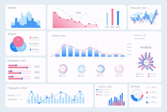Infographic elements. Modern presentation with infographics, dashboard. Use in presentation templates, mobile app and corporate report. Vector illustration. 