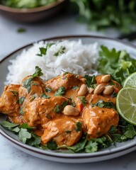 Fototapeta premium Delicious creamy butter chicken with rice and fresh cilantro lime garnish served on a plate