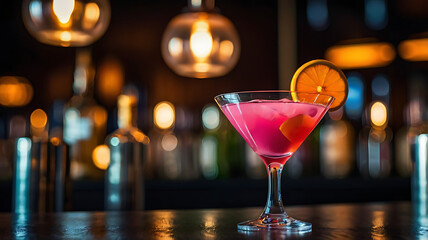 A  Cosmopolitan cocktail drink with orange slice
