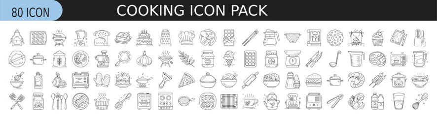 Cooking and Kitchen Line Icon Set - Minimalist line icon set featuring various cooking, food preparation, and kitchen utensil symbols, ideal for recipes, culinary apps, and restaurant designs.  
