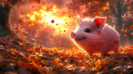 A pink hog stands in a clearing filled with golden autumn leaves, the sunset sky glowing behind with rich oranges and purples, evoking a peaceful countryside moment.  