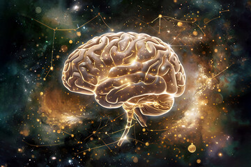 Golden glowing brain in outer space. The power of the human Mind in the Universe. Emotional and spiritual energy