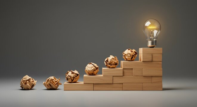Crush paper balls and light bulb in concept of development and original idea, learn from mistakes, until success
