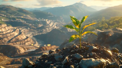 Resilient plant growing on rocky mountain surface demonstrating nature?s persistence amidst sustainable mining practices