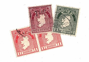 A set of vintage postage stamps from Ireland.