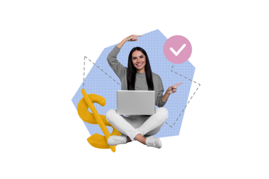 Painted collage of successfully done her freelance project get payment dollars woman indicate check mark isolated on pink background