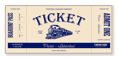 Retro blue train ticket template. For excursion routes, ticket design, retro parties, clubs and more. Vector, can be used for printing. Just add your text.