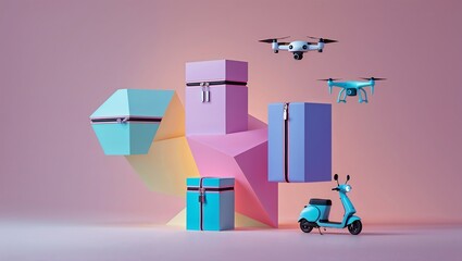 Obraz premium Futuristic delivery concept with drones and colorful parcels