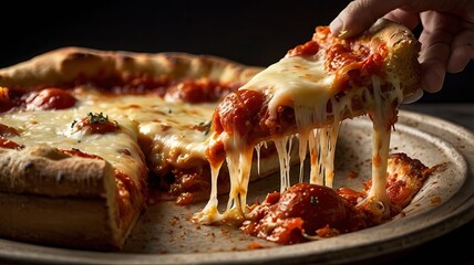 A hand pulling a slice of pepperoni pizza, showcasing gooey cheese and a golden crust.