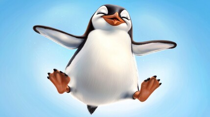 Fototapeta premium A cheerful penguin joyfully jumping against a bright blue background
