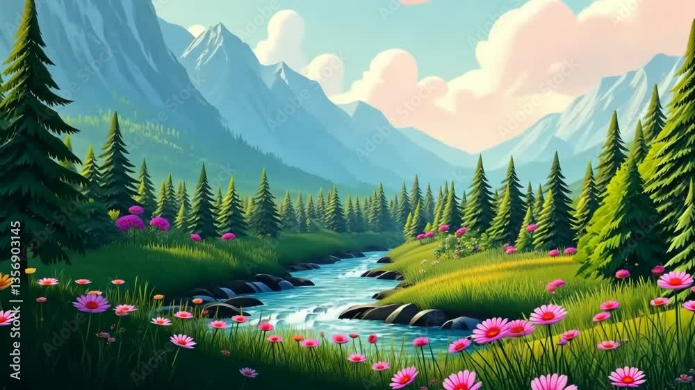 Poster a river with a green forest on either side. the river is surrounded by rocks and has a lot of flower