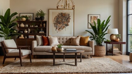 A stylish living room featuring a beige tufted sofa, plants, and elegant decor in a warm, inviting atmosphere.