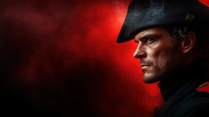 A striking portrait of a military figure clad in a dark uniform, exuding intensity and valor, set against a mysterious red background that enhances his authoritative presence.