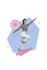 Vertical creative 3d collage photo of beautiful positive woman flying up on arrow striving for success isolated drawing background