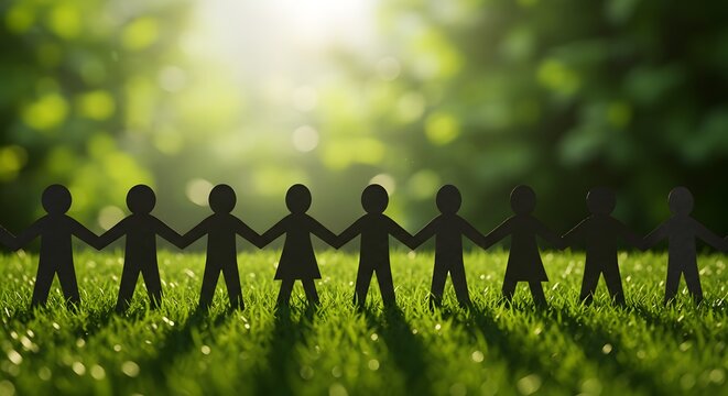 Paper human chain holding hands together and standing on the green grasses in the forest, CSR, team, people, and environment concept

