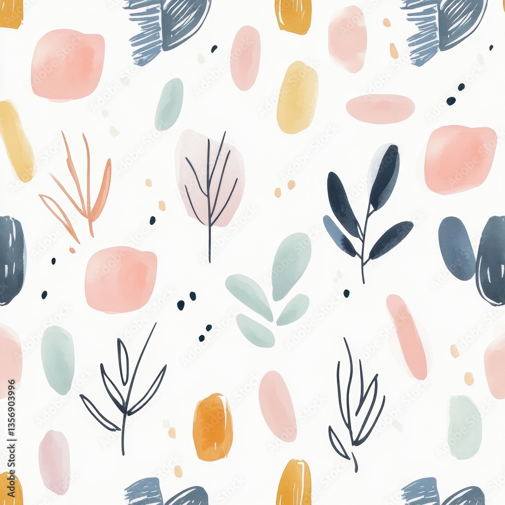 Poster seamless baby pattern featuring abstract shapes in gentle pastel hues with soft watercolor textures 