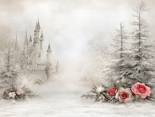 Majestic castle surrounded by misty mountains under a soft snowy sky with snow-dusted evergreens creating a fairytale scene