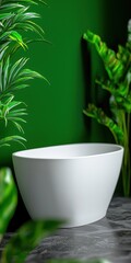 Elegant modern white freestanding bathtub surrounded by lush green tropical plants set against a deep green ambiance atmosphere