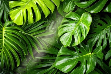 Lush Vibrant Green Monstera and Palm Leaves Create Dense Immersive Backdrop of Emerald Embrace in Tropical Forest Setting