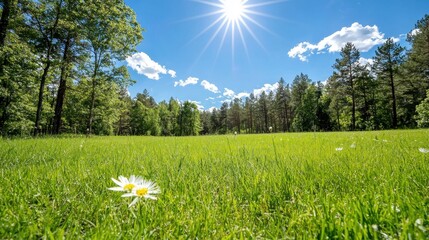 Sun-dd Clea Surrounded by Whispe Pines Showcasing a Single Daisy in Vibrant Green Grass under a Bright Sky