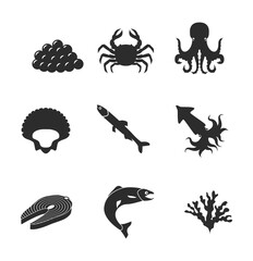 Sea food black icons set with lobster salmon shrimp tuna isolated vector illustration