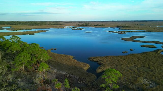 Drone footage of a inlet area near Shell Mound Campground, Cedar Key, Florida.