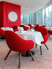 Modern caf? bathed in golden light highlighting red chairs and white tablecloths with laughter of unseen diners echoing softly
