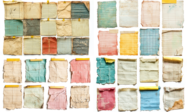 Collection of Vintage Torn Papers with Lines and Grids Background Texture isolated on Transparent PNG