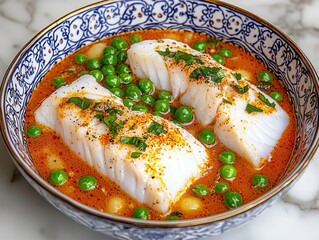 Vibrant Cuban fish soup featu flaky white fish fillets, golden potatoes, green peas, and a rich reddish-orange broth