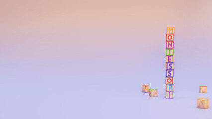 Montessori concept, wooden toys on pastel background, 3d rendered illustration