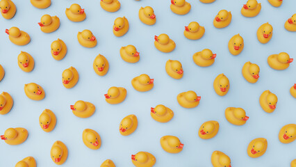 Yellow Rubber Ducks on Blue Background, 3d rendered illustration